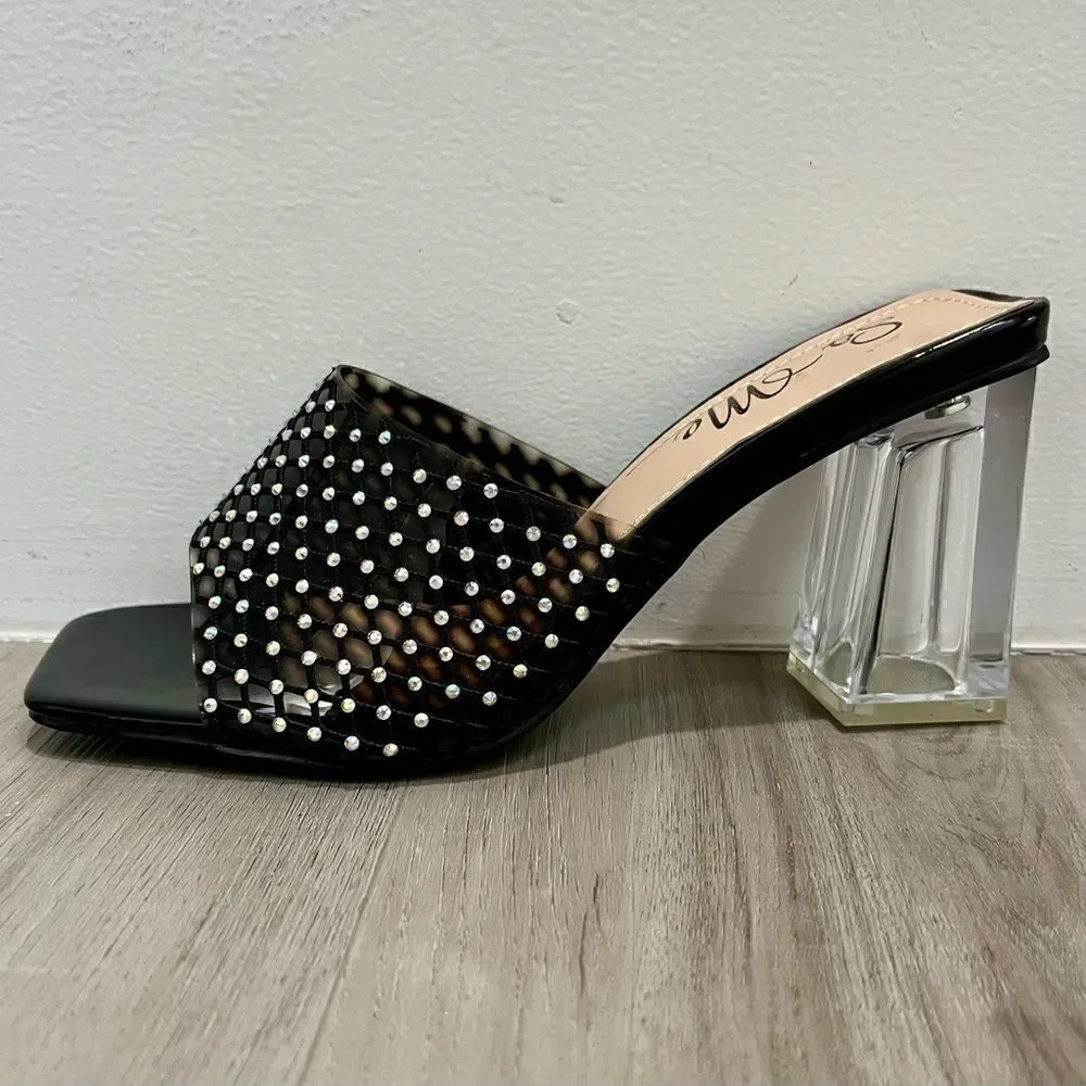 So me rhinestone black netted mule heels with clear chunky block heel sz 7 NWT
